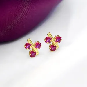 Pure Silver Gold Plated Earrings - Triple Pink Ruby Blossom