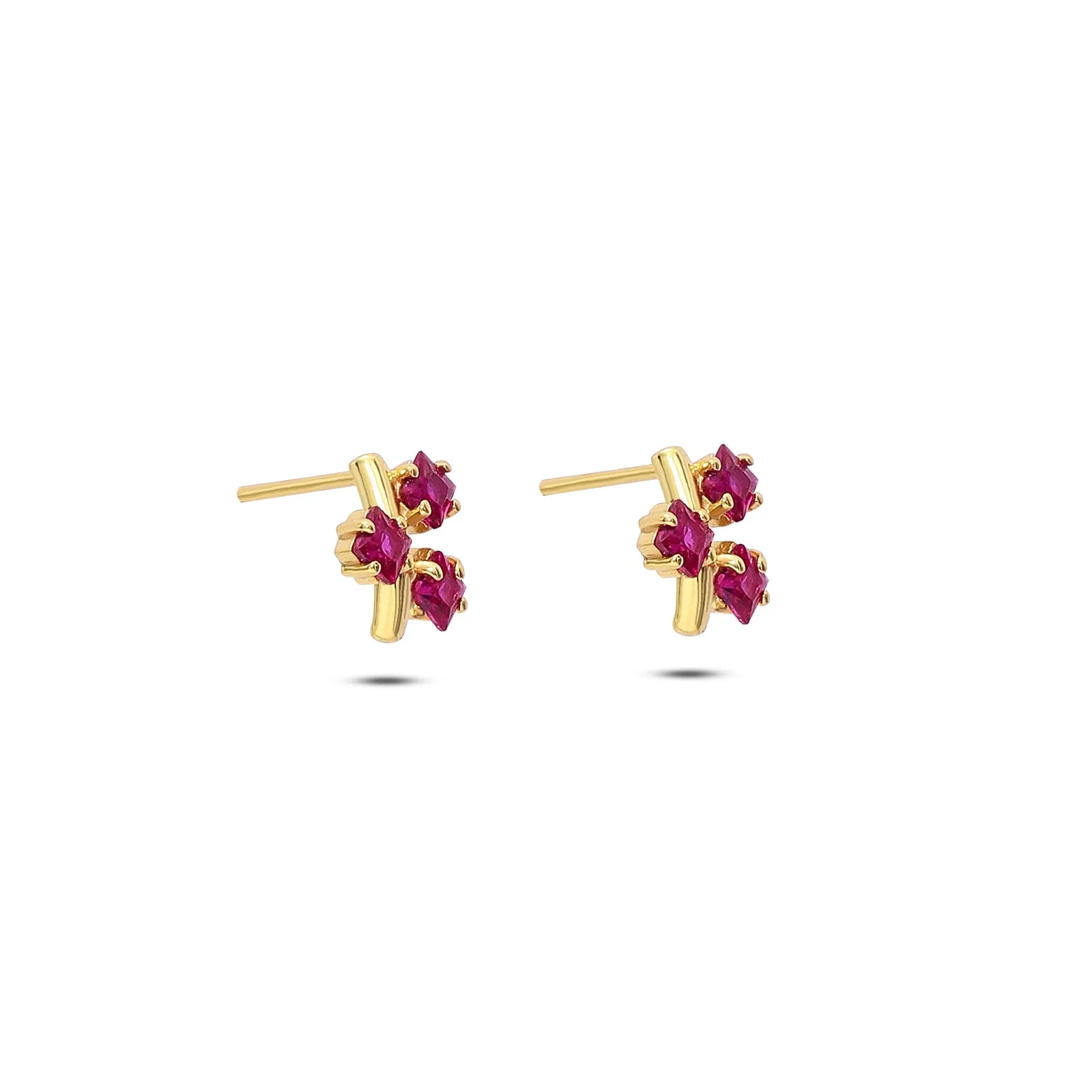 Pure Silver Gold Plated Earrings - Triple Pink Ruby Blossom