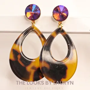 Purple Crystal and Tortoise Teardrop Earrings