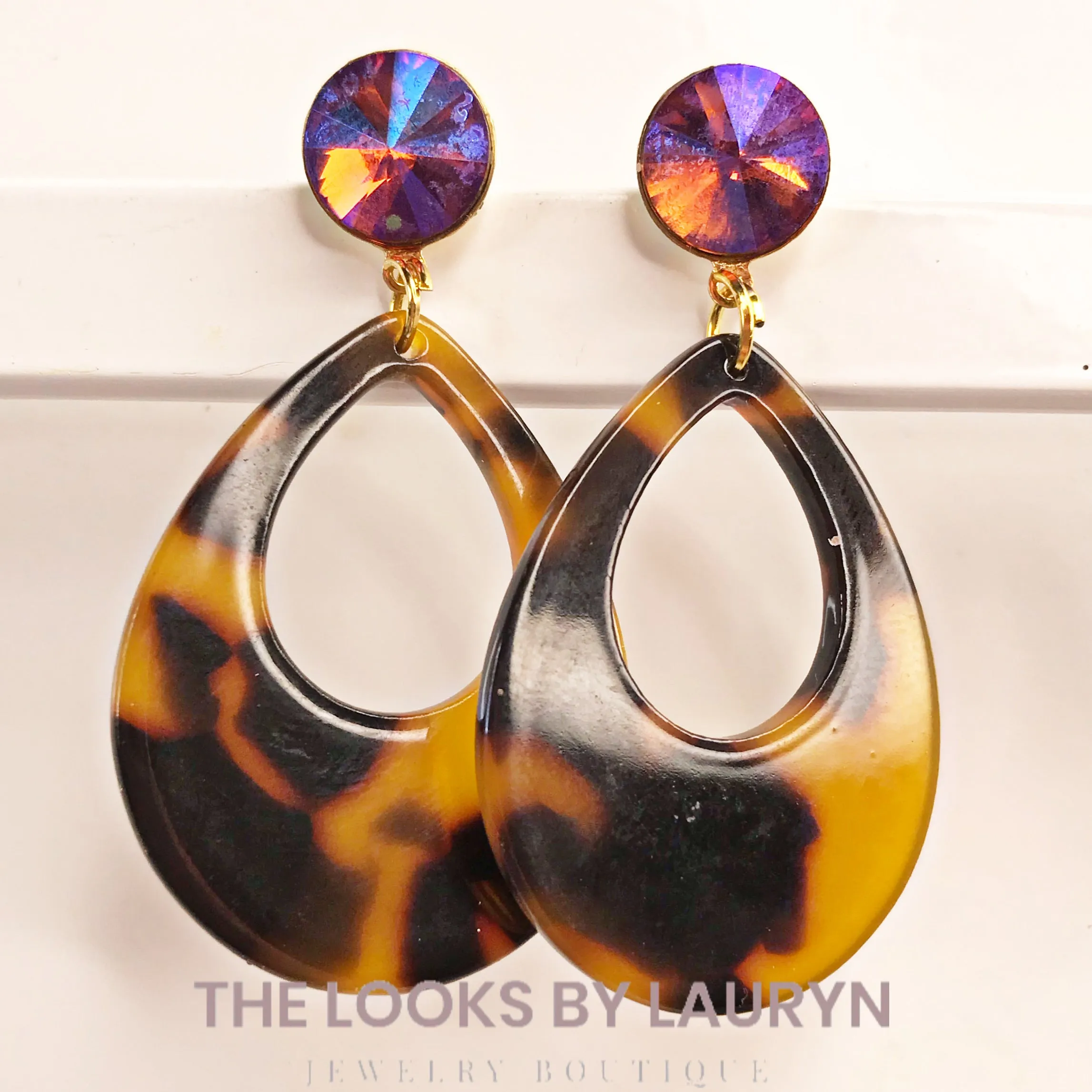 Purple Crystal and Tortoise Teardrop Earrings