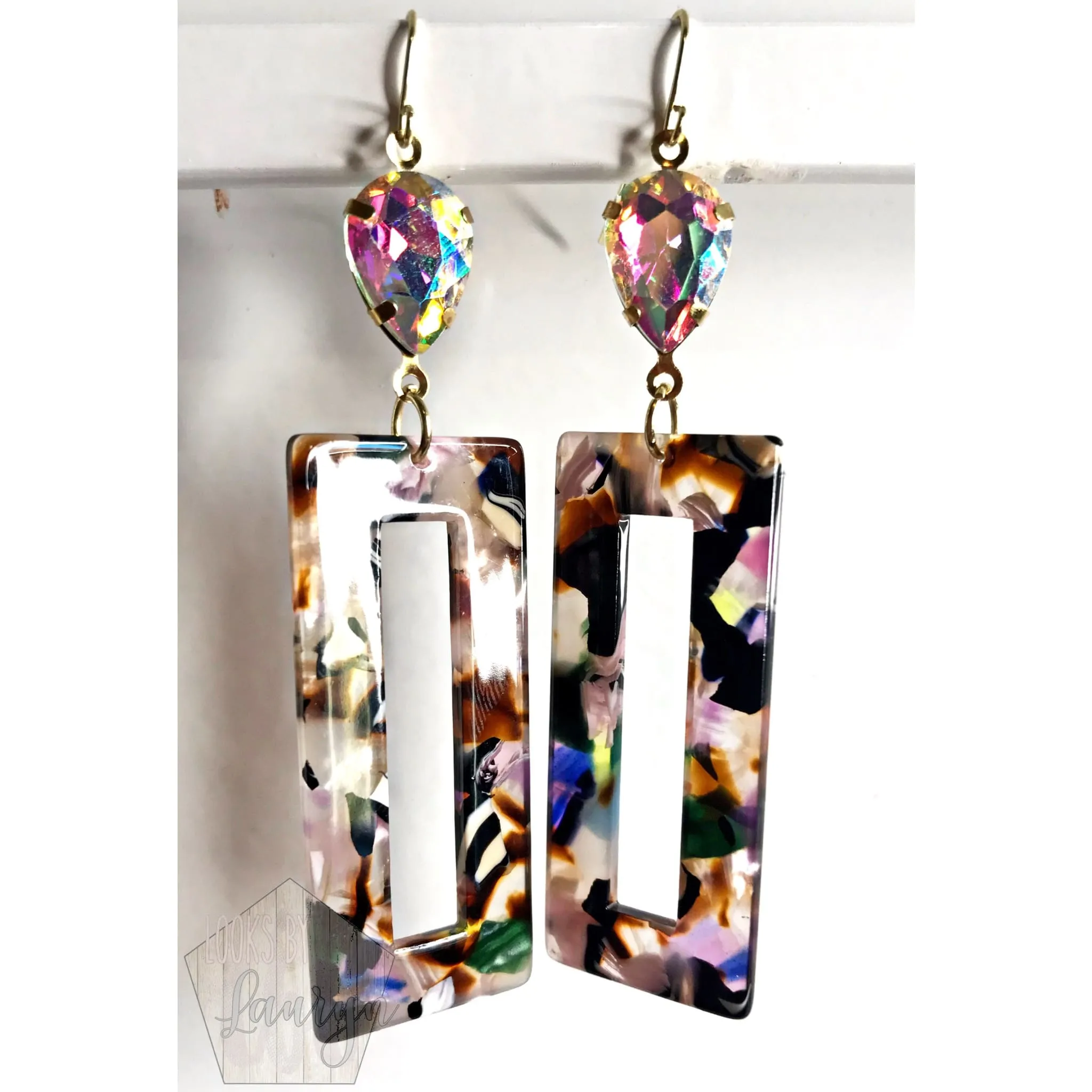 Purple Rectangle and Crystal Earrings