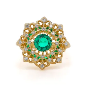 "Diamond Lace" Ring with Emerald in 18K Yellow Gold