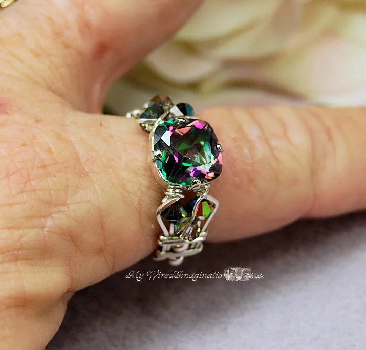 Rainbow Mystic Topaz, BRILLIANT Faceted Cut, Handmade Ring, Size 10