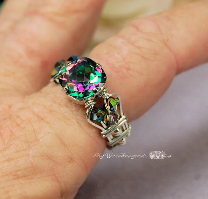 Rainbow Mystic Topaz, BRILLIANT Faceted Cut, Handmade Ring, Size 10
