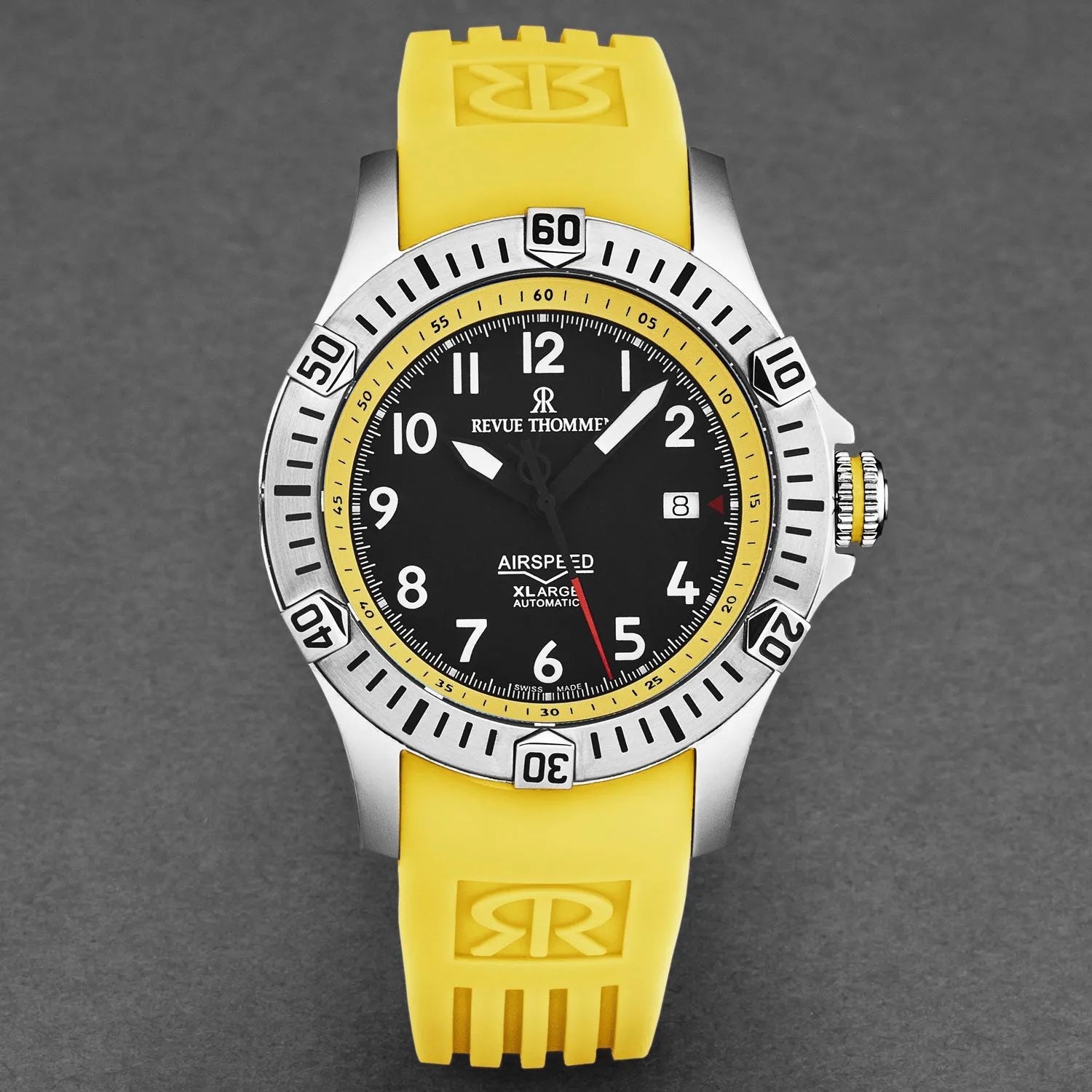 Revue Thommen Men's 'Air speed' Black Dial Yellow Rubber Strap Automatic Watch 16070.4738