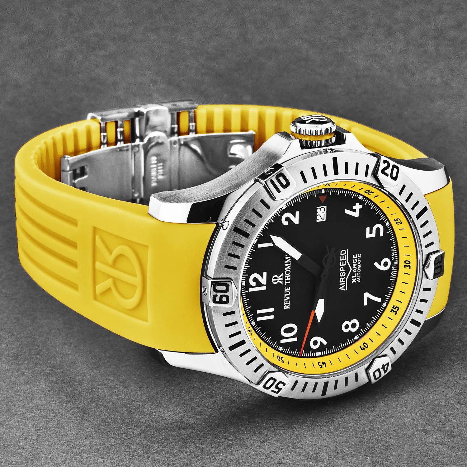 Revue Thommen Men's 'Air speed' Black Dial Yellow Rubber Strap Automatic Watch 16070.4738