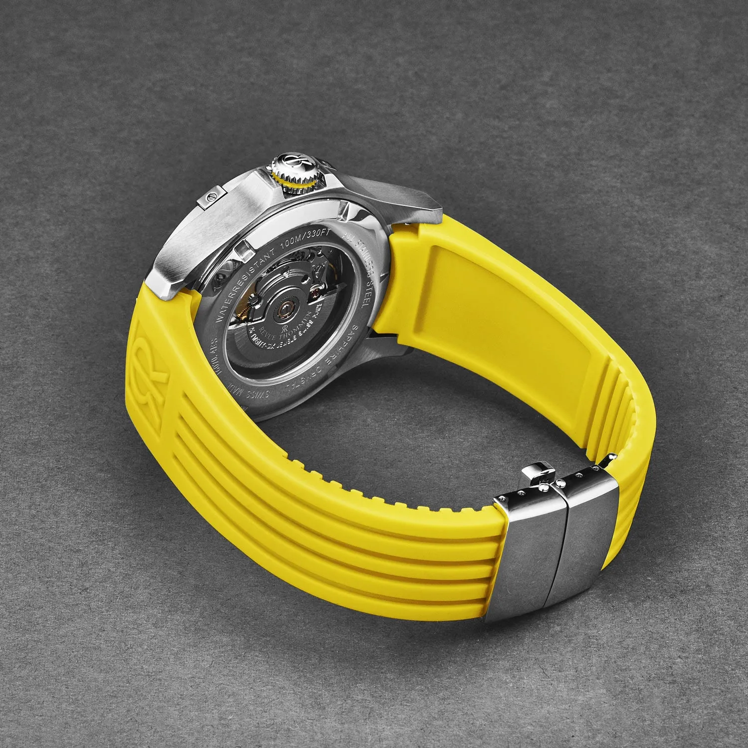 Revue Thommen Men's 'Air speed' Black Dial Yellow Rubber Strap Automatic Watch 16070.4738