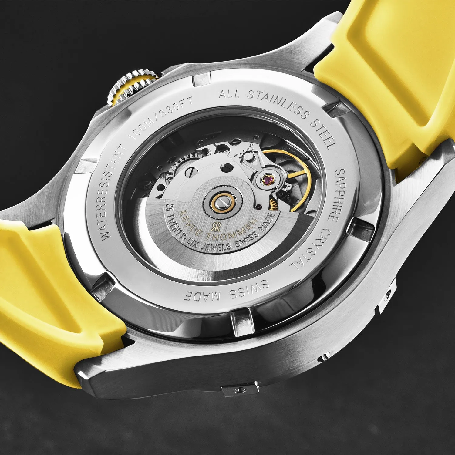 Revue Thommen Men's 'Air speed' Black Dial Yellow Rubber Strap Automatic Watch 16070.4738