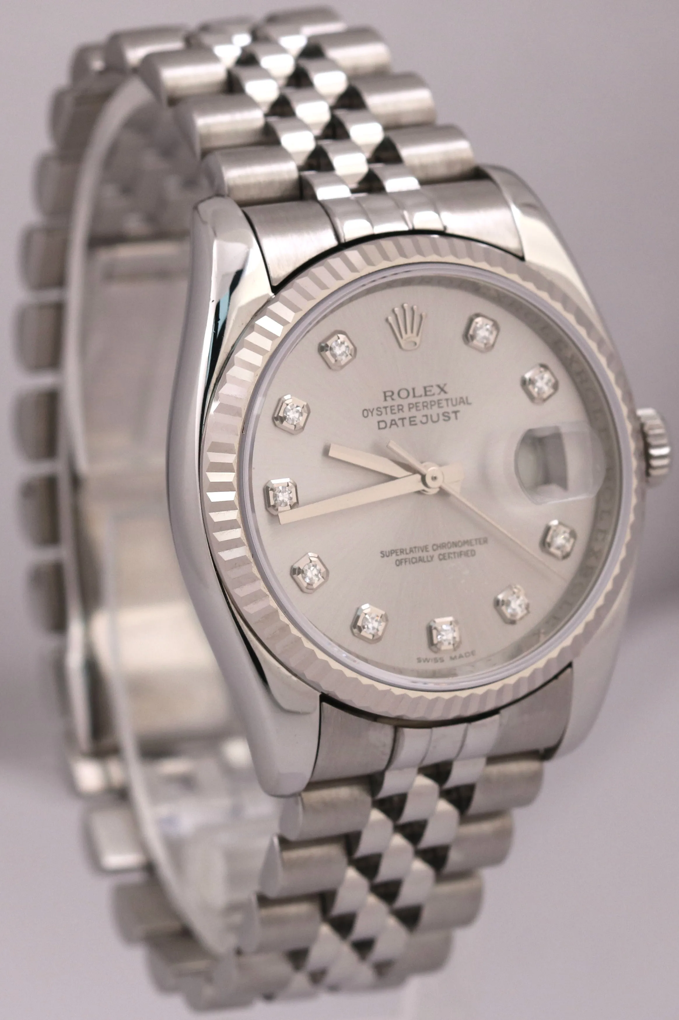 Rolex DateJust SILVER DIAMOND Stainless Steel SUPER JUBILEE 36mm 116234 Watch
