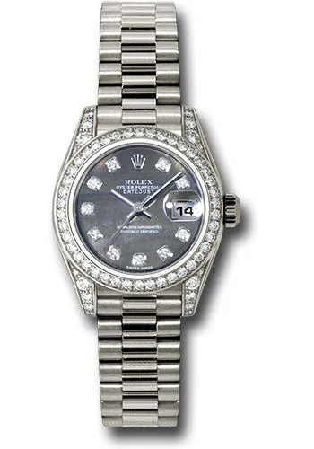 Rolex White Gold Lady-Datejust 26mm - 42 Diamond Bezel - Dark Mother-Of-Pearl Diamond Dial - President Bracelet - 179159 dkmdp