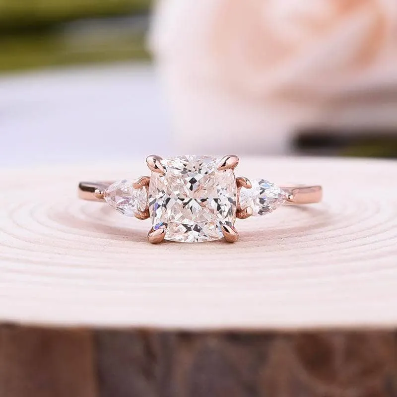 Rose Gold 2.0ct Cushion Cut Three Stone Diamond Engagement Ring