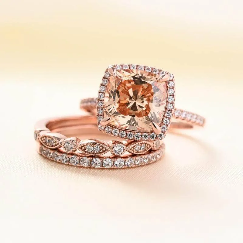 Rose Gold 3pcs Cushion Cut Champagne Stone Ring Set