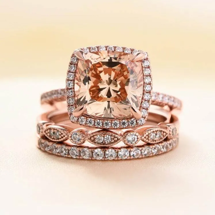 Rose Gold 3pcs Cushion Cut Champagne Stone Ring Set
