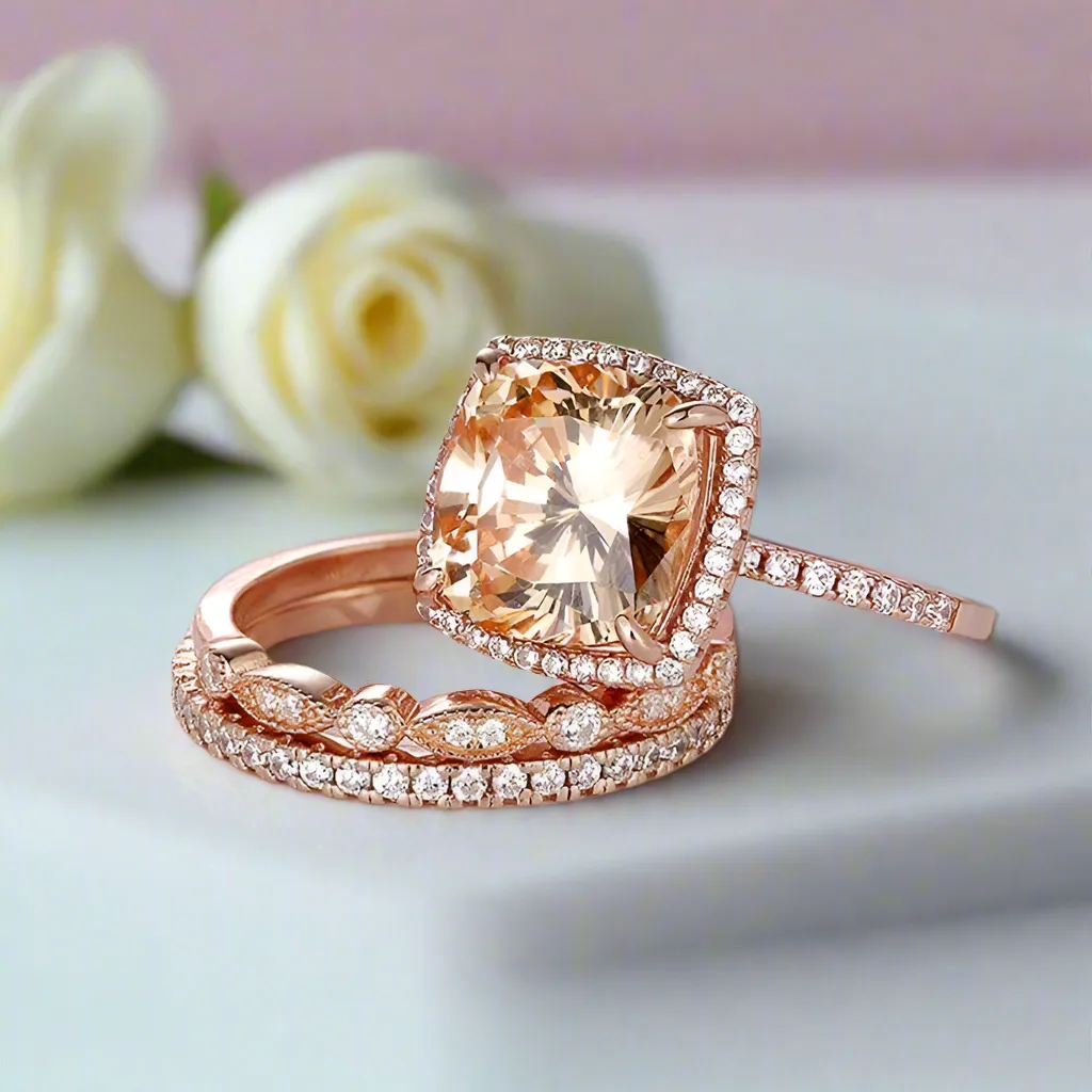 Rose Gold 3pcs Cushion Cut Champagne Stone Ring Set