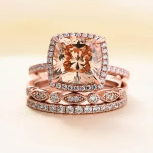 Rose Gold 3pcs Cushion Cut Champagne Stone Ring Set