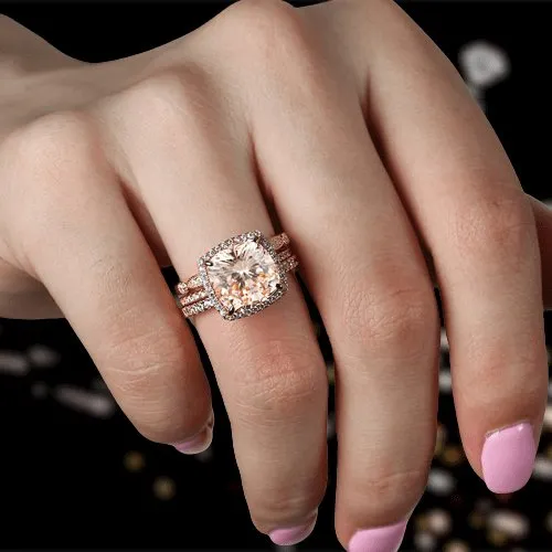 Rose Gold 3pcs Cushion Cut Champagne Stone Ring Set