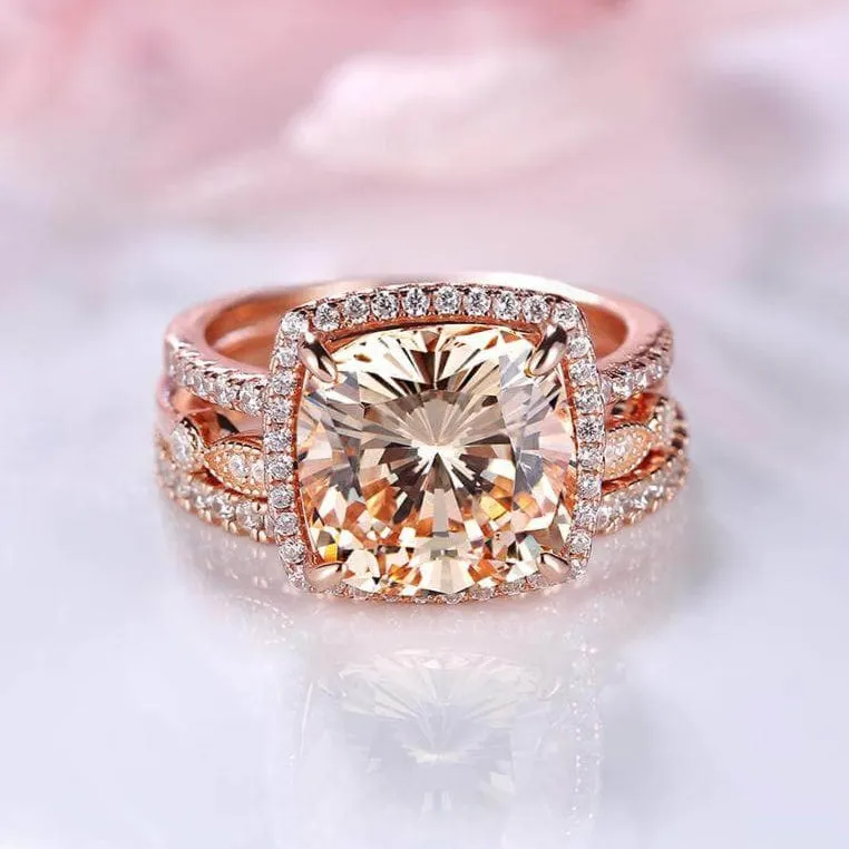 Rose Gold 3pcs Cushion Cut Champagne Stone Ring Set