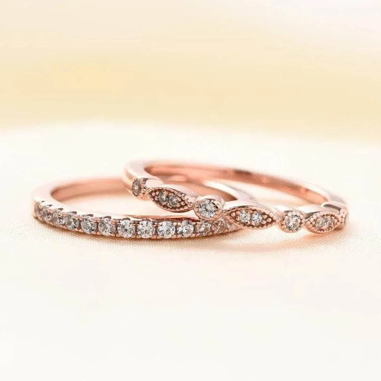Rose Gold 3pcs Cushion Cut Champagne Stone Ring Set