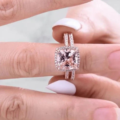 Rose Gold Halo Cushion Cut Peachy Pink Stone Wedding Ring Set