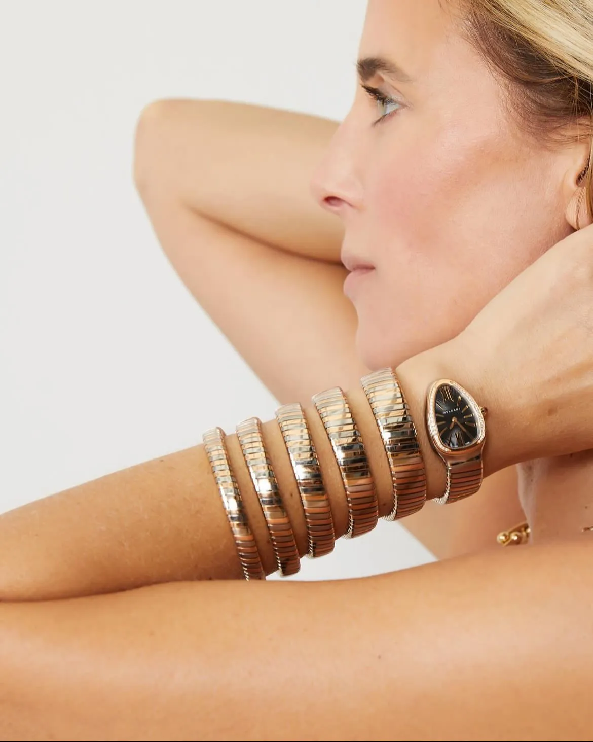 Rose gold, steel and diamond BVLGARI Serpenti tubogas watch