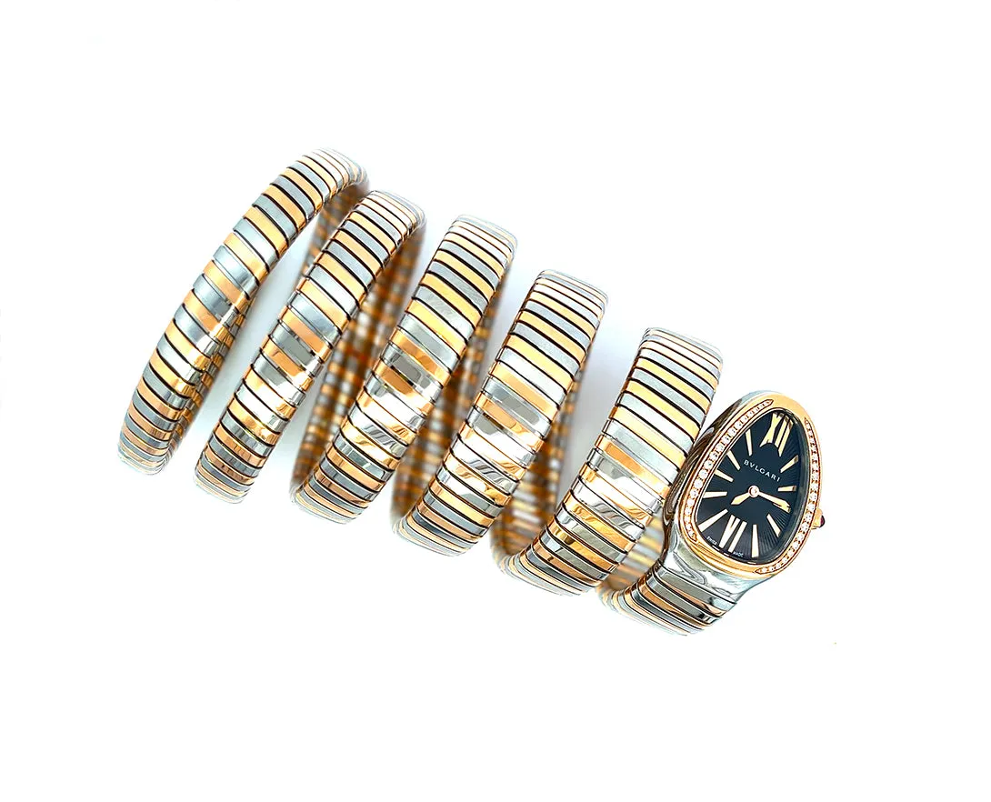 Rose gold, steel and diamond BVLGARI Serpenti tubogas watch