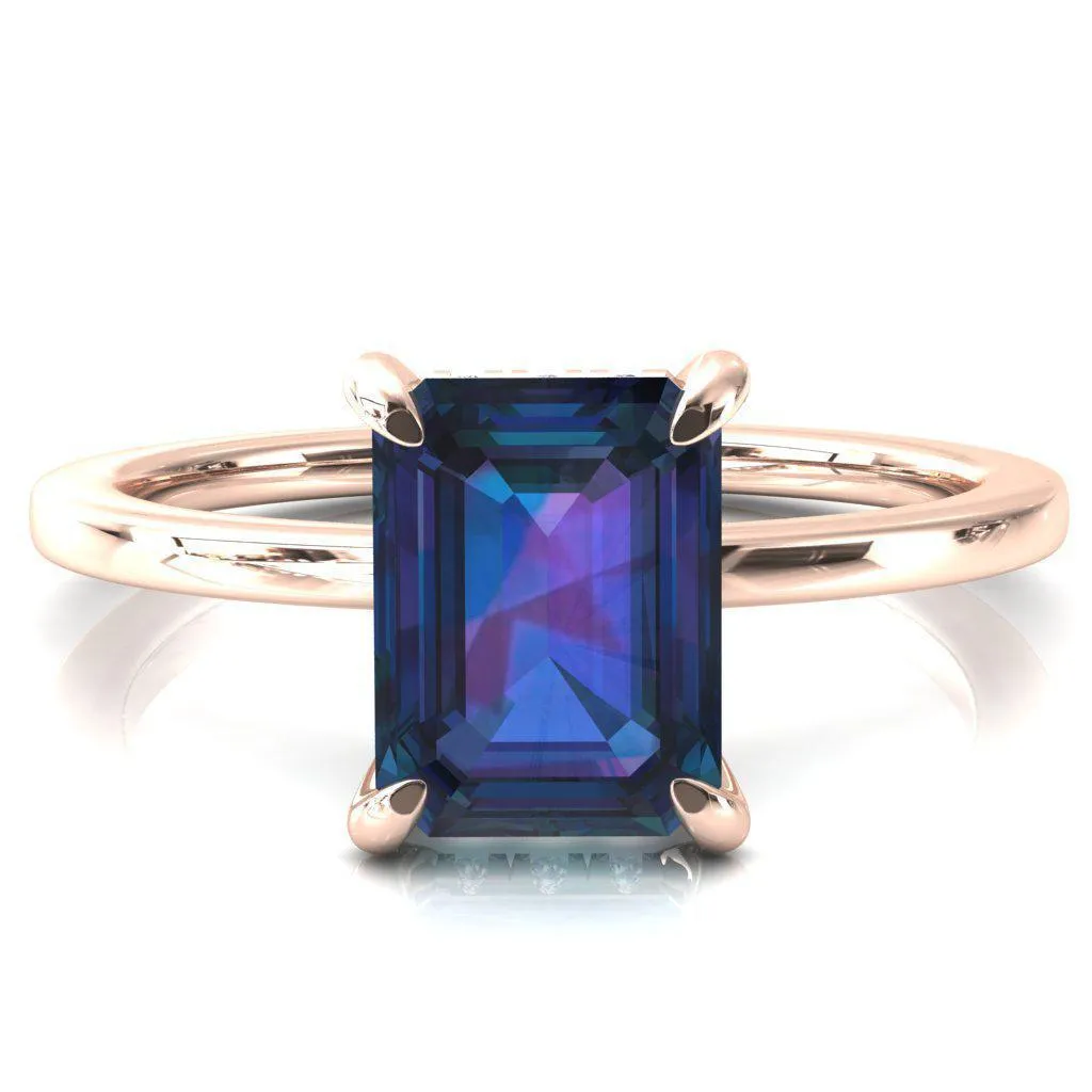 Rosy Emerald Alexandrite 4 Claw Prong Single Rail Micropave Engagement Ring