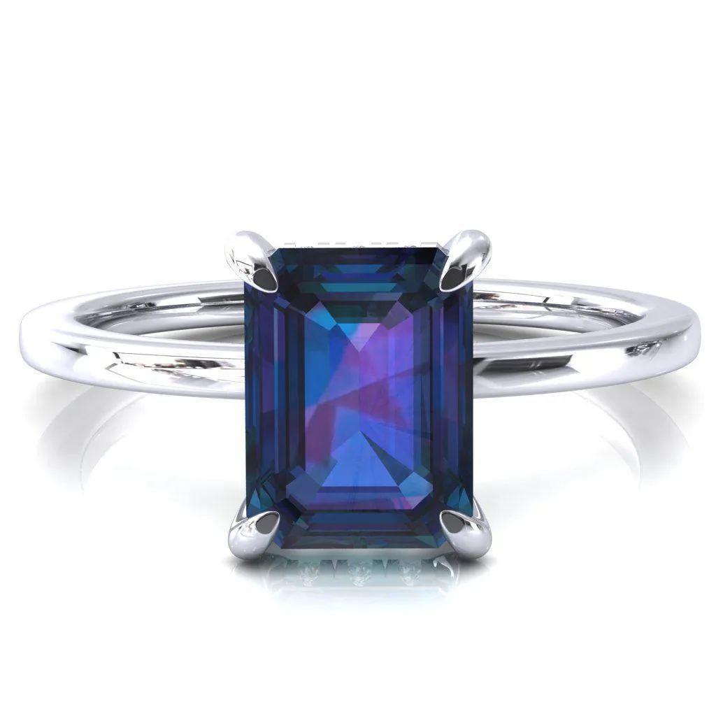 Rosy Emerald Alexandrite 4 Claw Prong Single Rail Micropave Engagement Ring