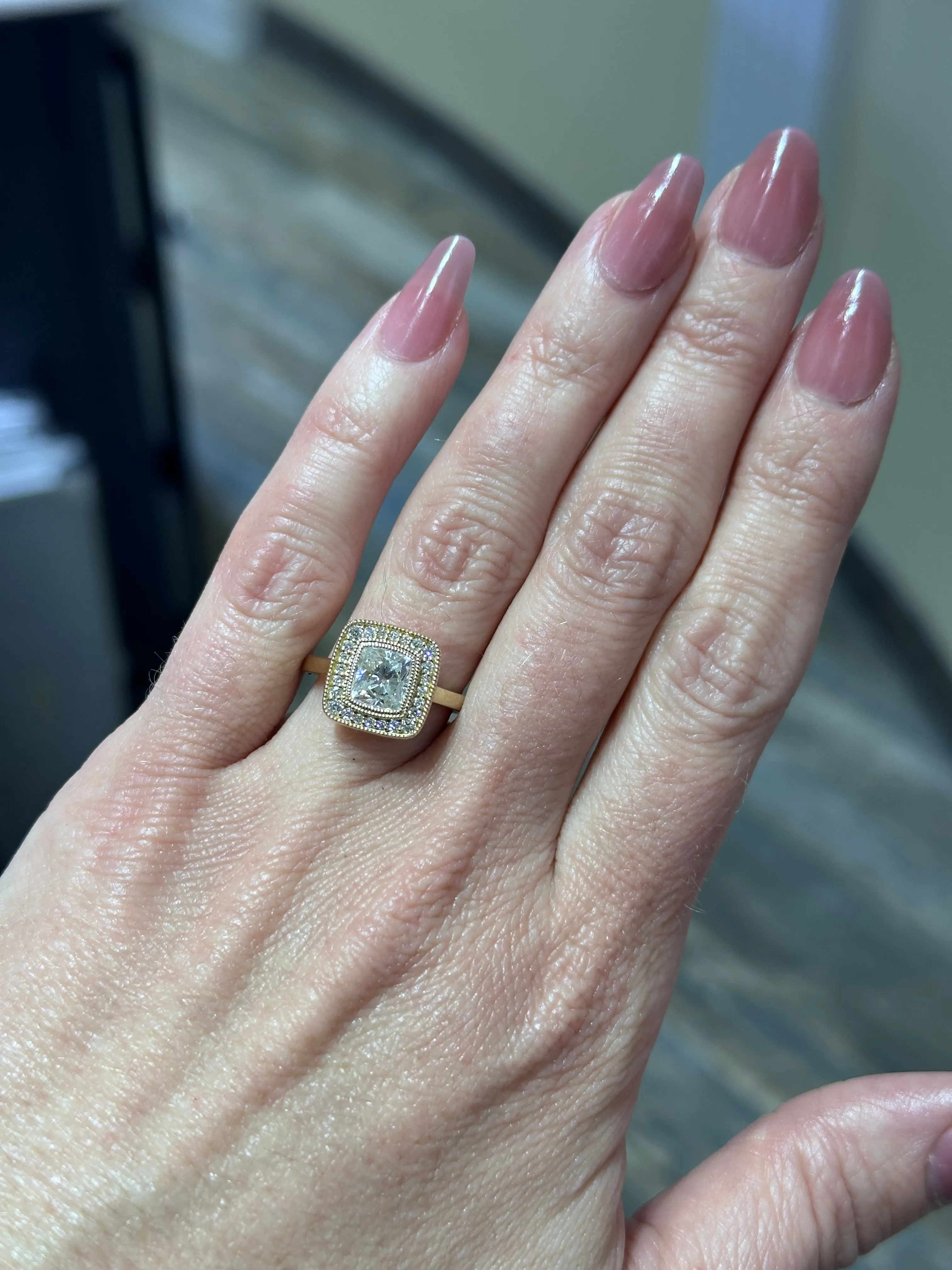 Round Canadian Diamond Engagement Ring with Cushion Diamond Halo