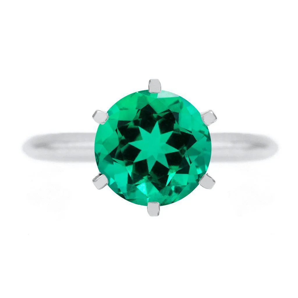 Round Emerald 14K or 18K White Gold 6 Prongs Solitaire Ring
