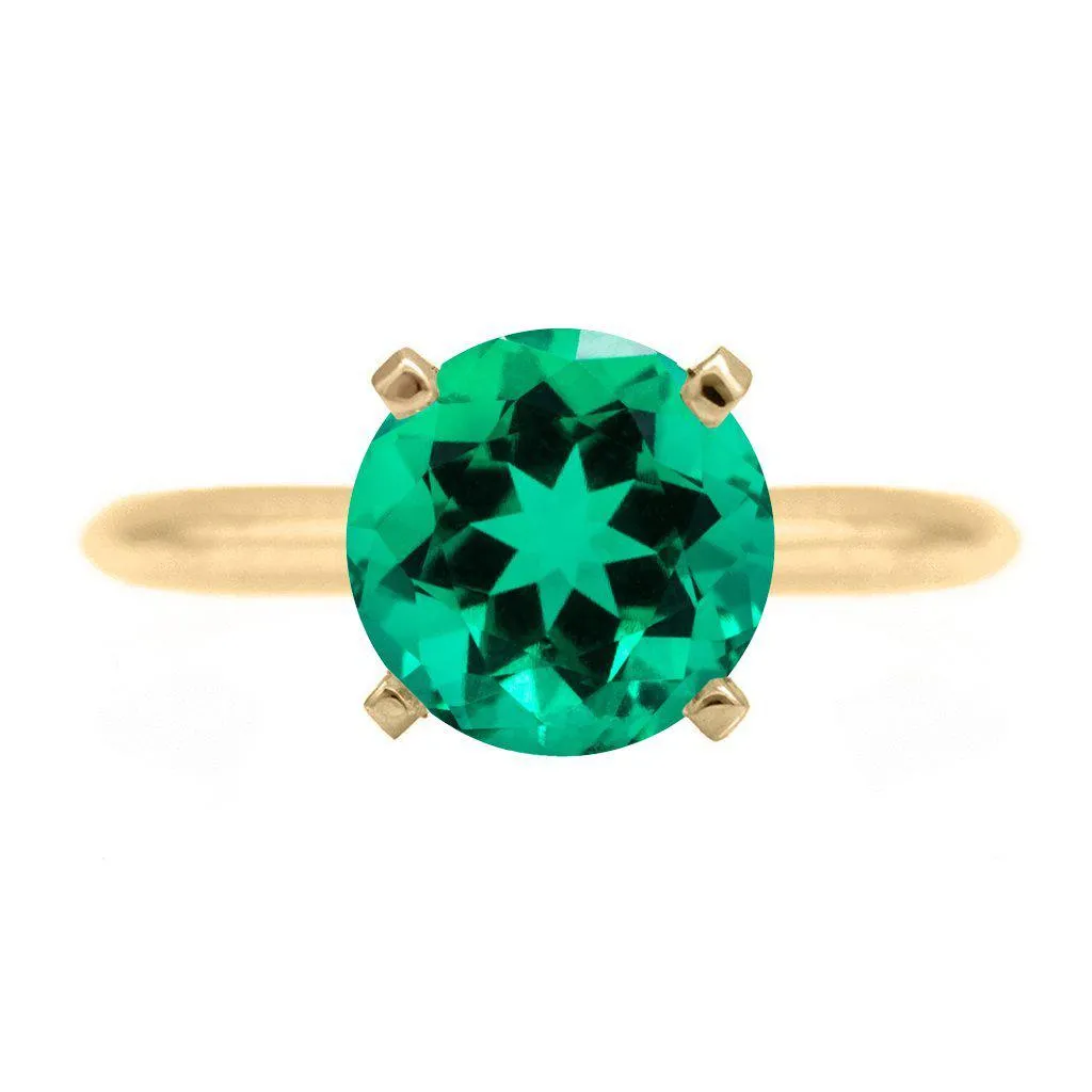 Round Emerald 14K or 18K Yellow Gold 4 Prongs Solitaire Ring