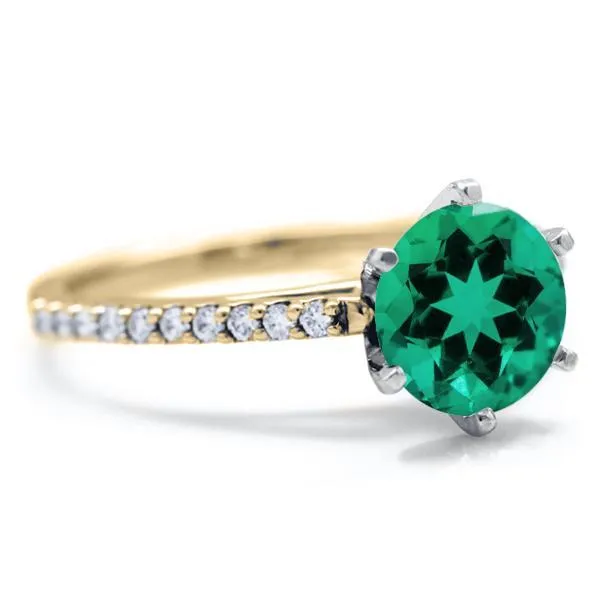 Round Emerald 6 Prongs Diamond Accent Ice Cathedral Solitaire Ring