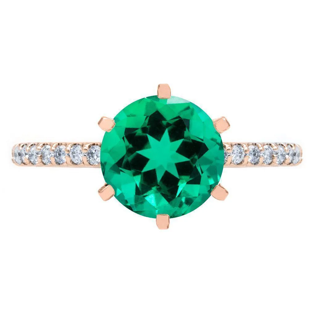 Round Emerald 6 Prongs Diamond Accent Ice Cathedral Solitaire Ring