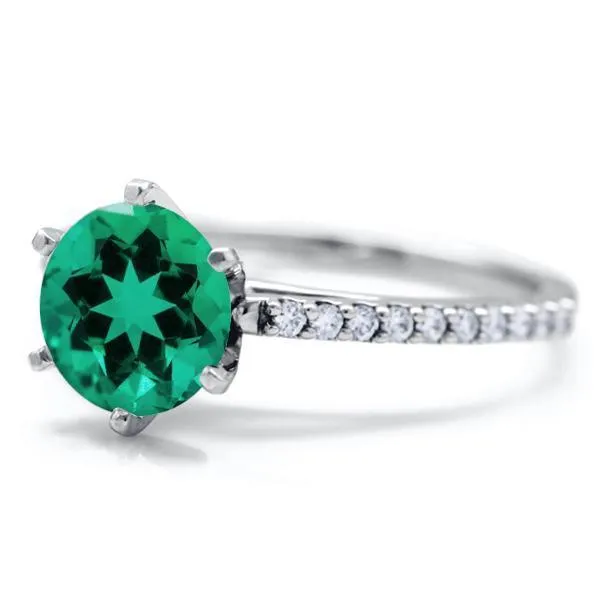 Round Emerald 6 Prongs Diamond Accent Ice Cathedral Solitaire Ring
