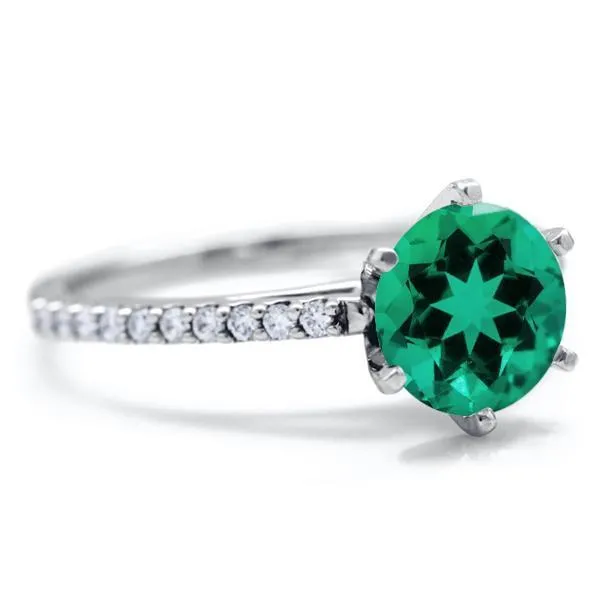 Round Emerald 6 Prongs Diamond Accent Ice Cathedral Solitaire Ring