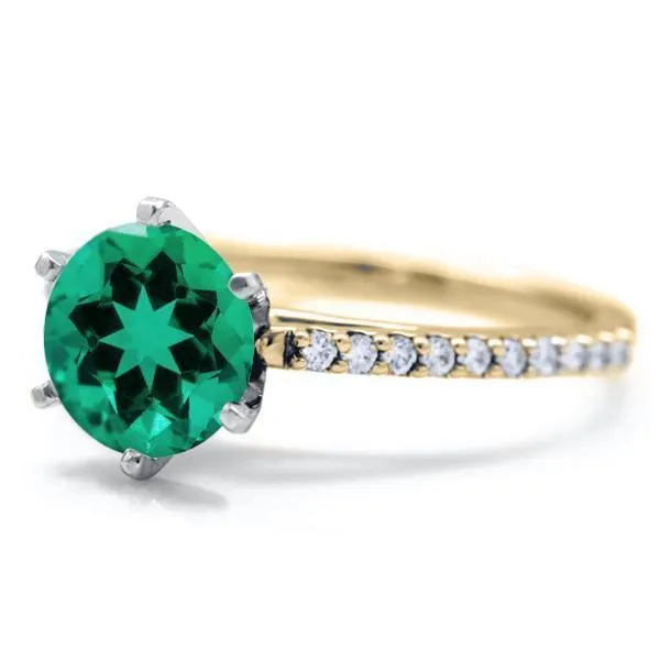 Round Emerald 6 Prongs Diamond Accent Ice Cathedral Solitaire Ring