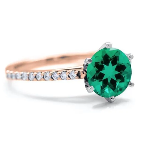 Round Emerald 6 Prongs Diamond Accent Ice Cathedral Solitaire Ring