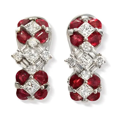 Ruby & Princess Baguette-cut Diamond Earrings, 18K