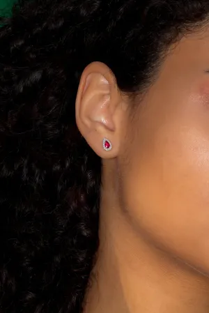 Ruby and Diamond Pear Halo Studs