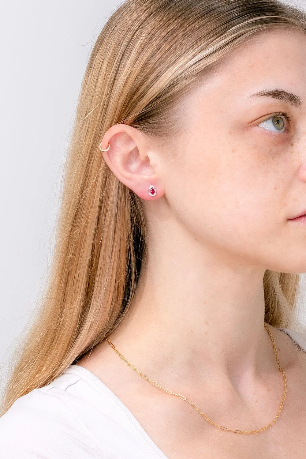 Ruby and Diamond Pear Halo Studs