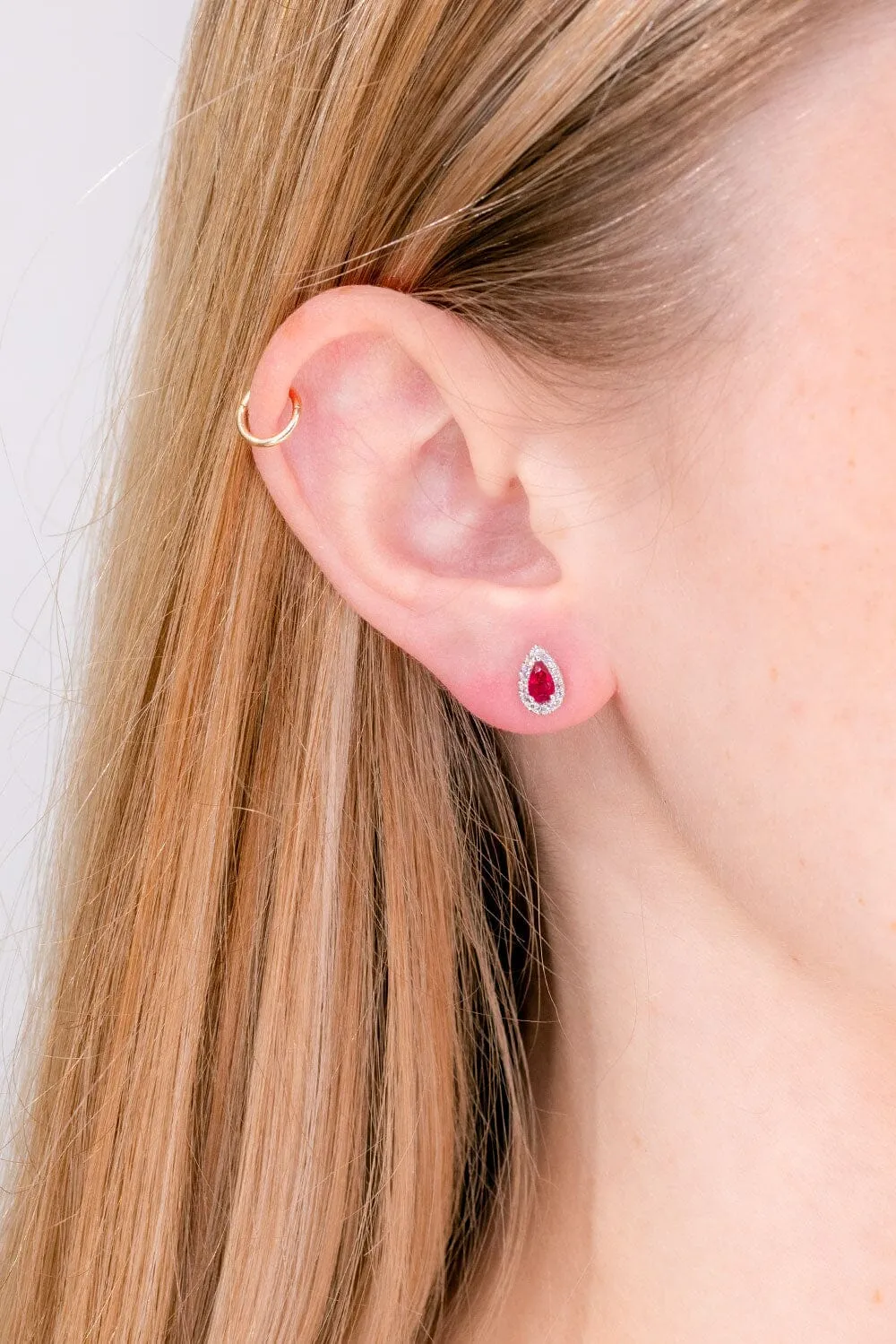 Ruby and Diamond Pear Halo Studs