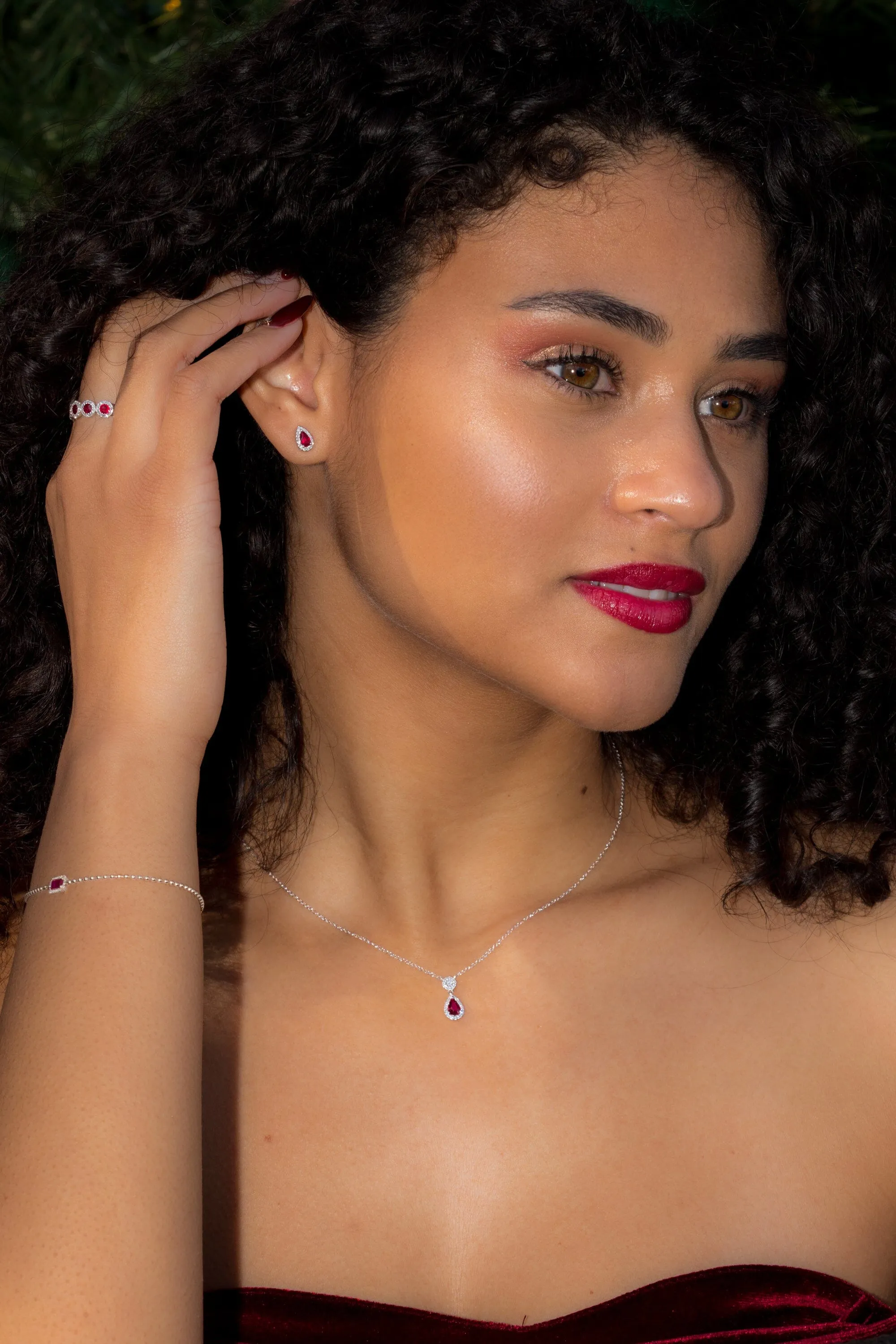 Ruby and Diamond Pear Halo Studs