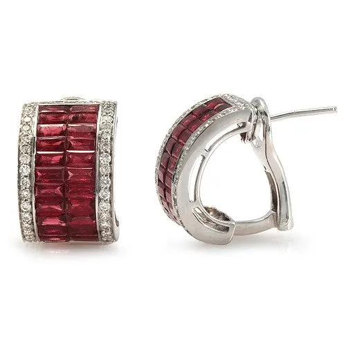 Ruby And Pave Diamond with Omega Lock Earrings, 18k White Gold