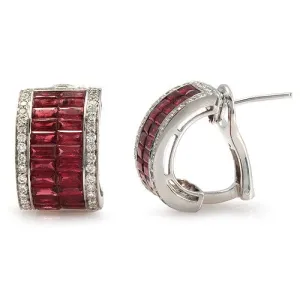Ruby And Pave Diamond with Omega Lock Earrings, 18k White Gold