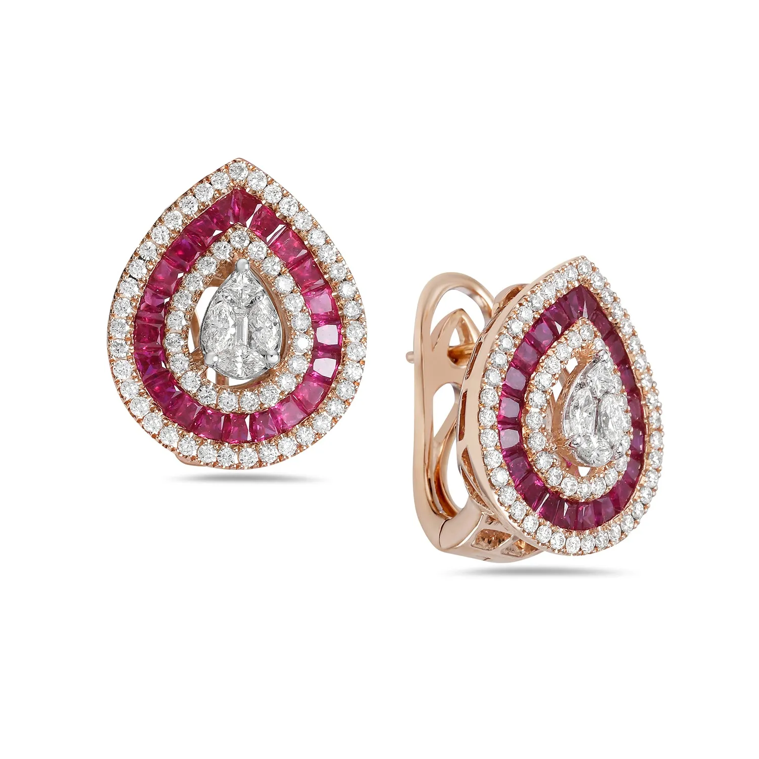Ruby Channel Set Prong Diamond Pear Shape Stud Earrings In 18k Rose Gold