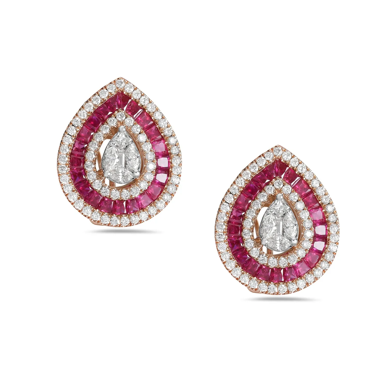 Ruby Channel Set Prong Diamond Pear Shape Stud Earrings In 18k Rose Gold
