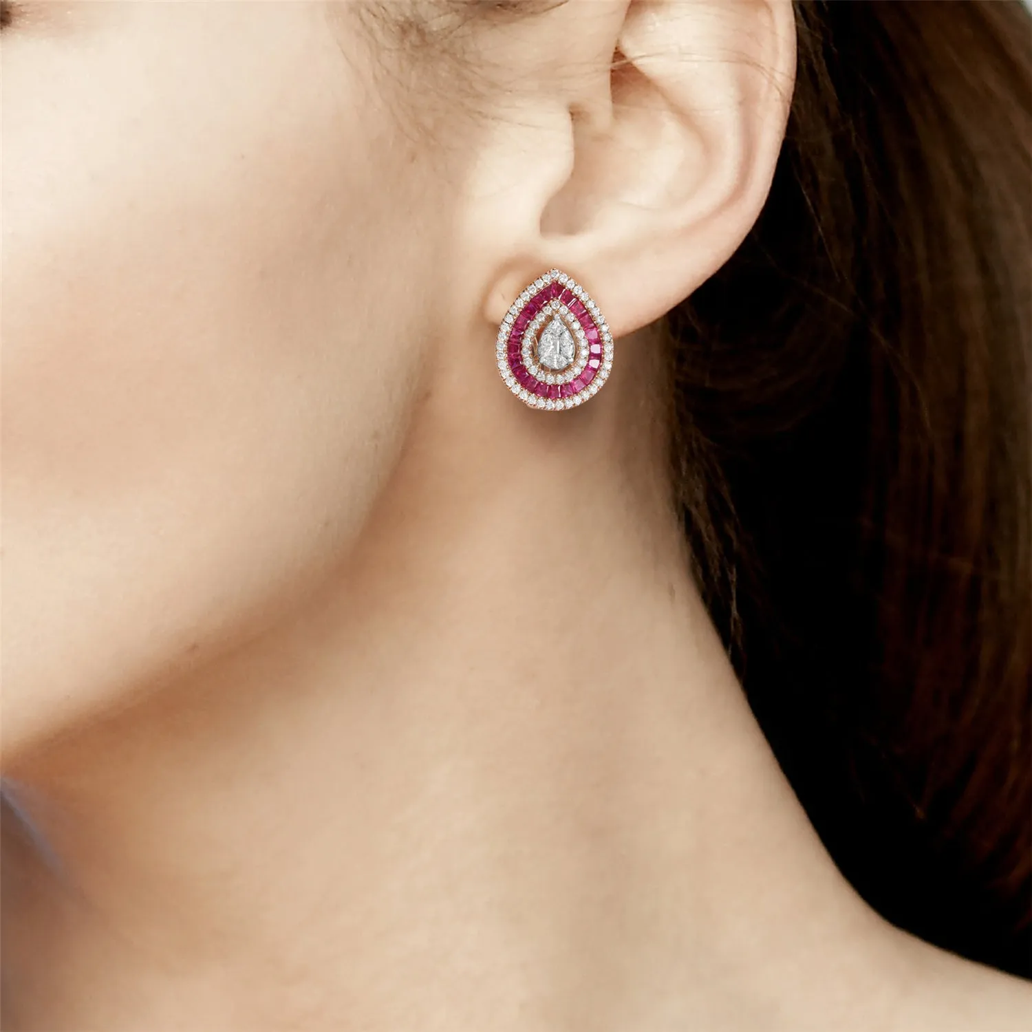 Ruby Channel Set Prong Diamond Pear Shape Stud Earrings In 18k Rose Gold
