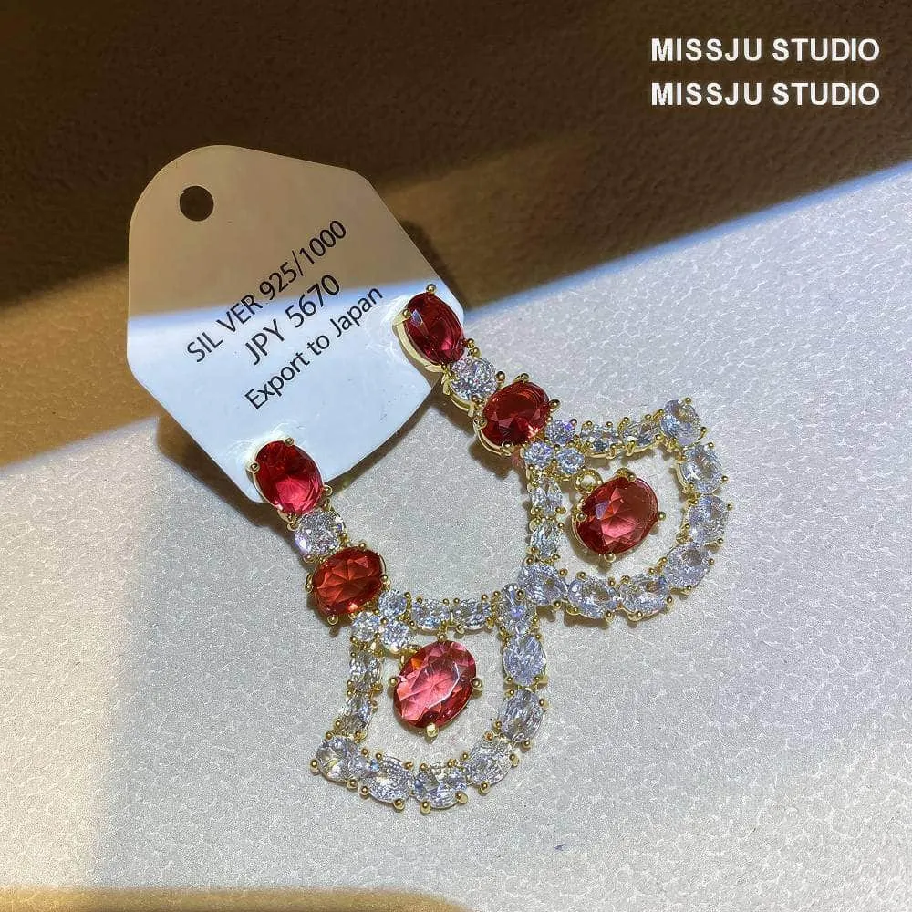 Ruby Crystal 925 Silver Dangle Earrings