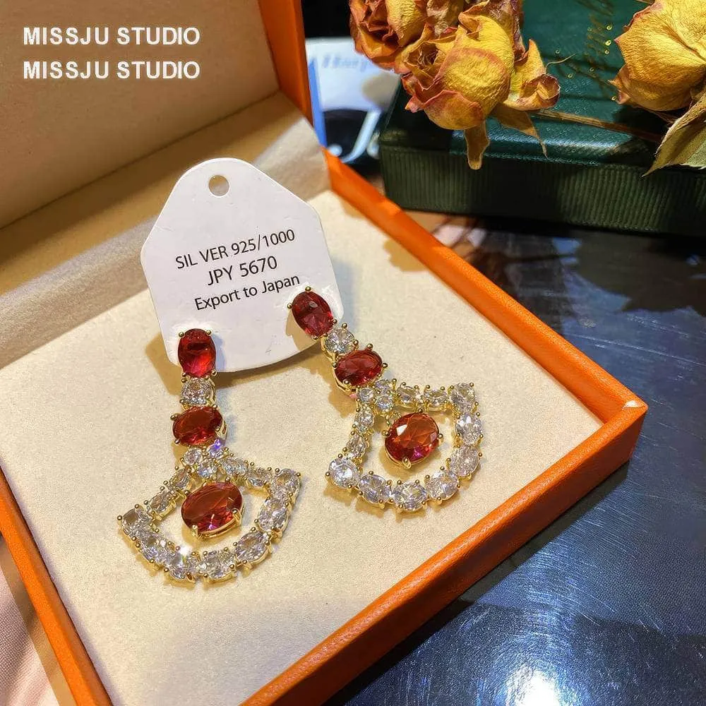 Ruby Crystal 925 Silver Dangle Earrings