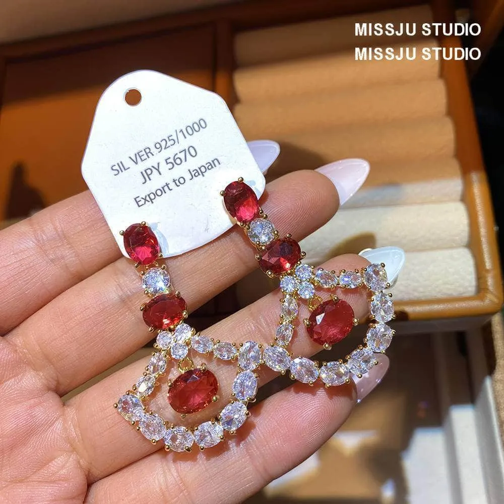 Ruby Crystal 925 Silver Dangle Earrings