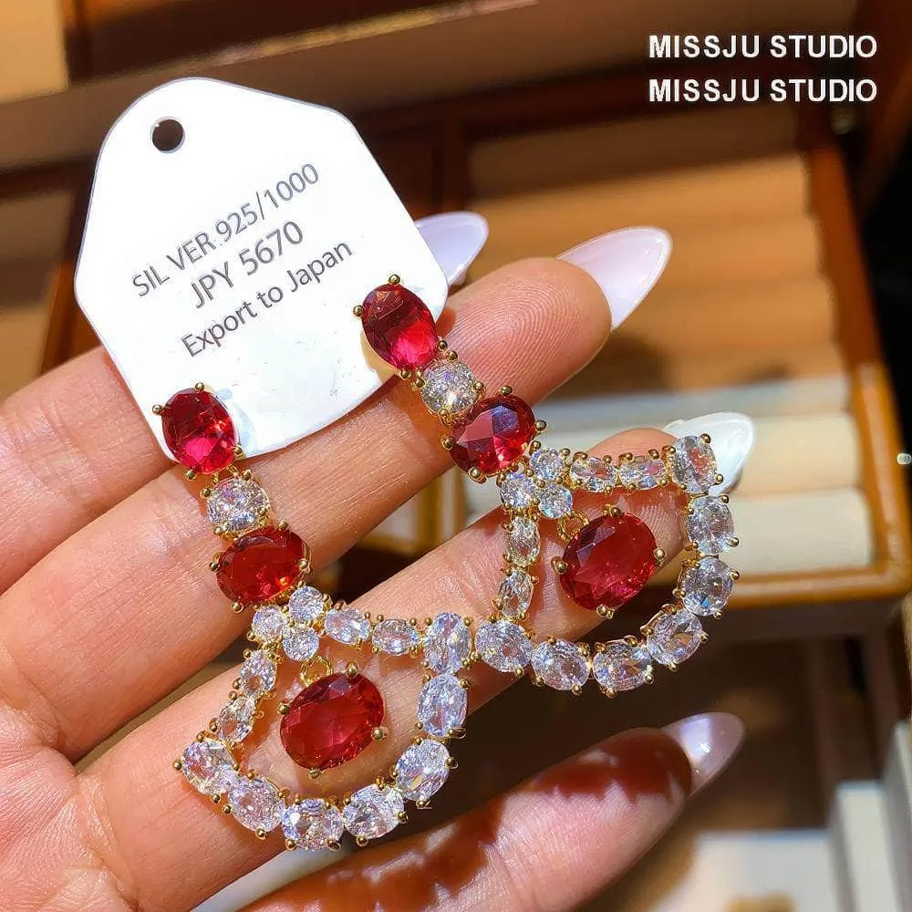 Ruby Crystal 925 Silver Dangle Earrings